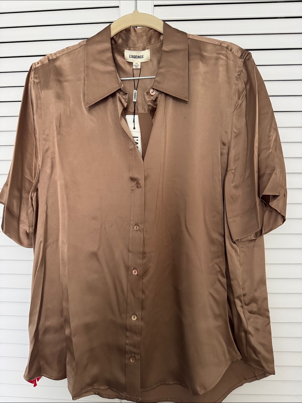 L'AGENCE Satin Short-Sleeve Button Front Blouse in Bronze Brown